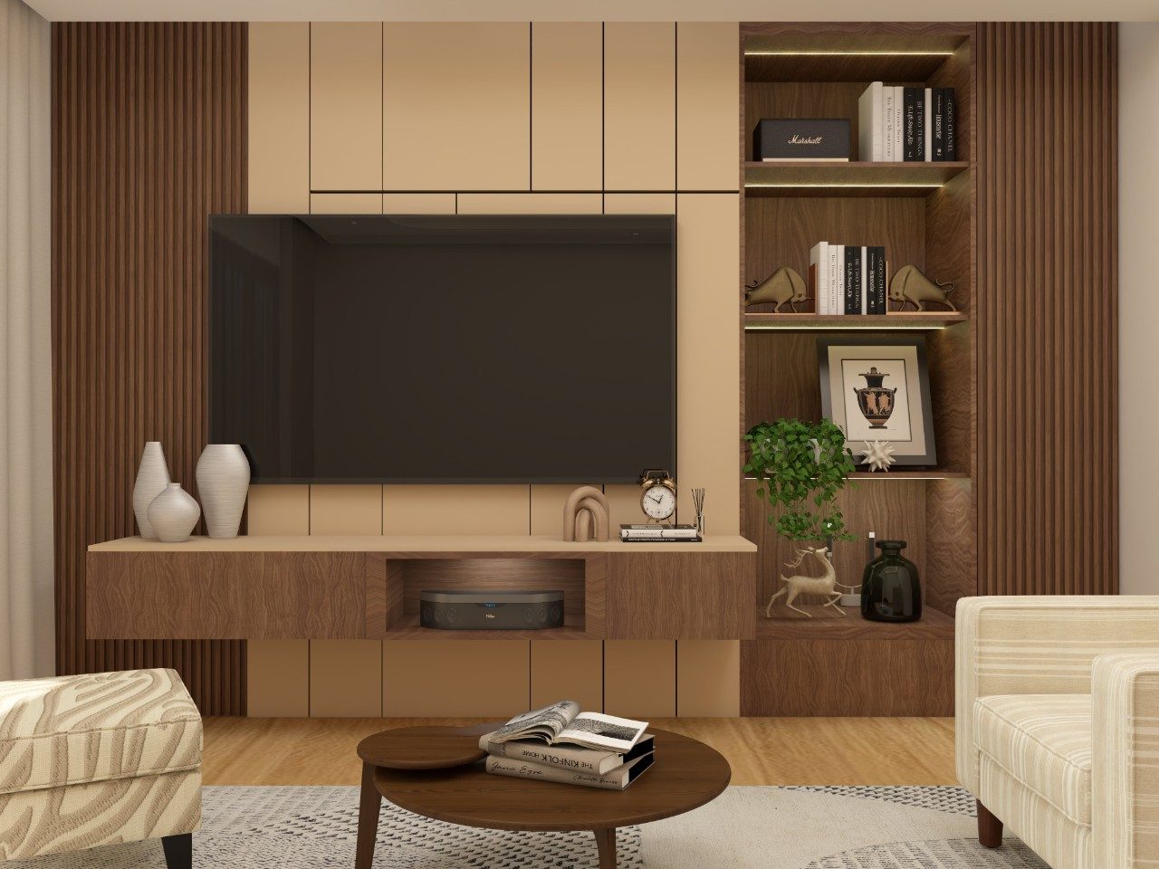 Full Height Wall Paneled TV Unit Design in Cream and Brown for Modern Homes - Beautiful Homes