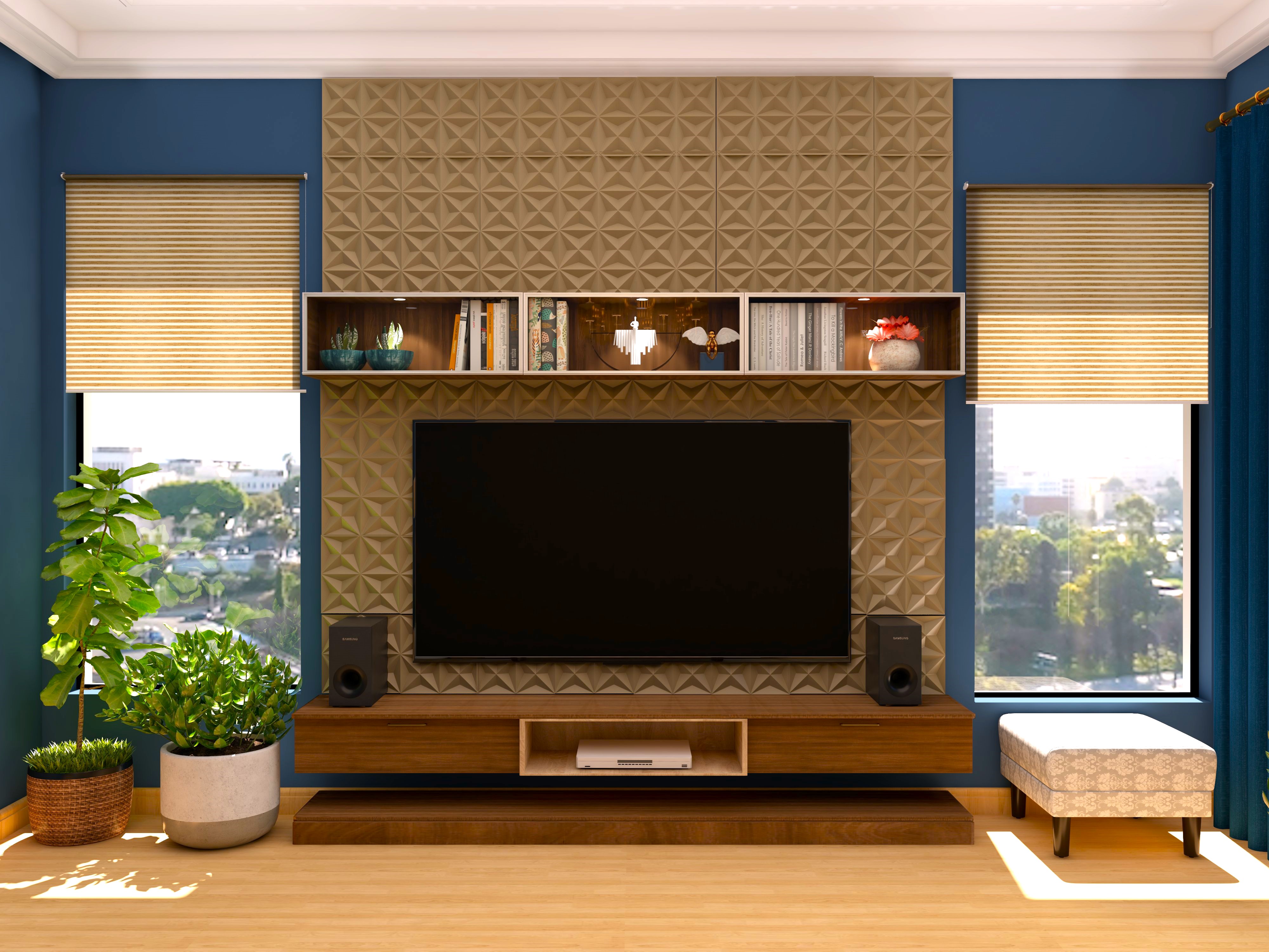 Gold panelled TV unit with wooden drawers-Beautiful Homes