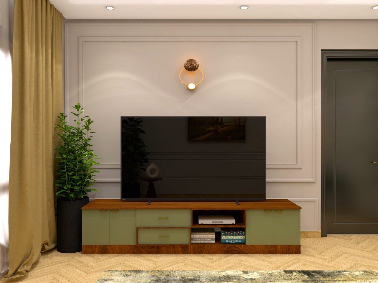 Green and brown freestanding TV unit with wall paneling-Beautiful Homes