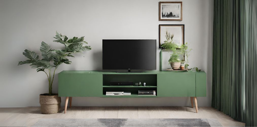 Green freestanding tv unit design with wooden legs - Beautiful Homes