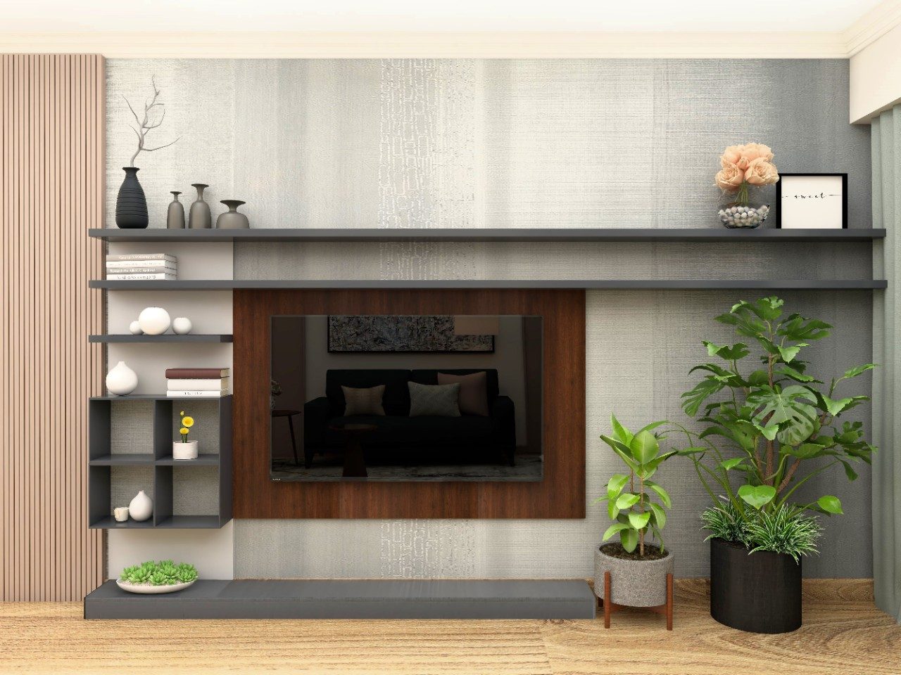 Grey textured TV unit with wooden back panel-Beautiful Homes