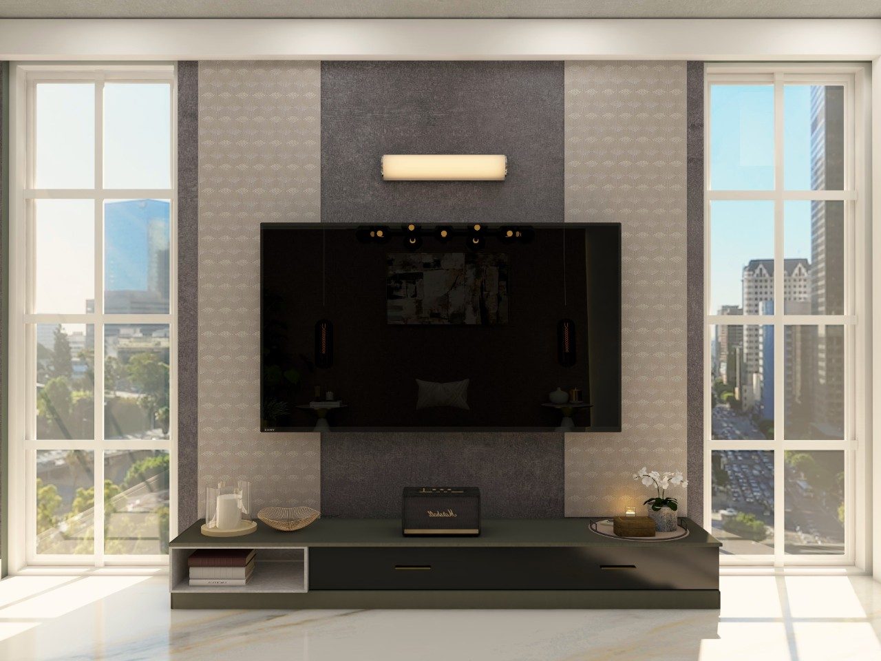 Grey TV unit with floor mounted drawers-Beautiful Homes