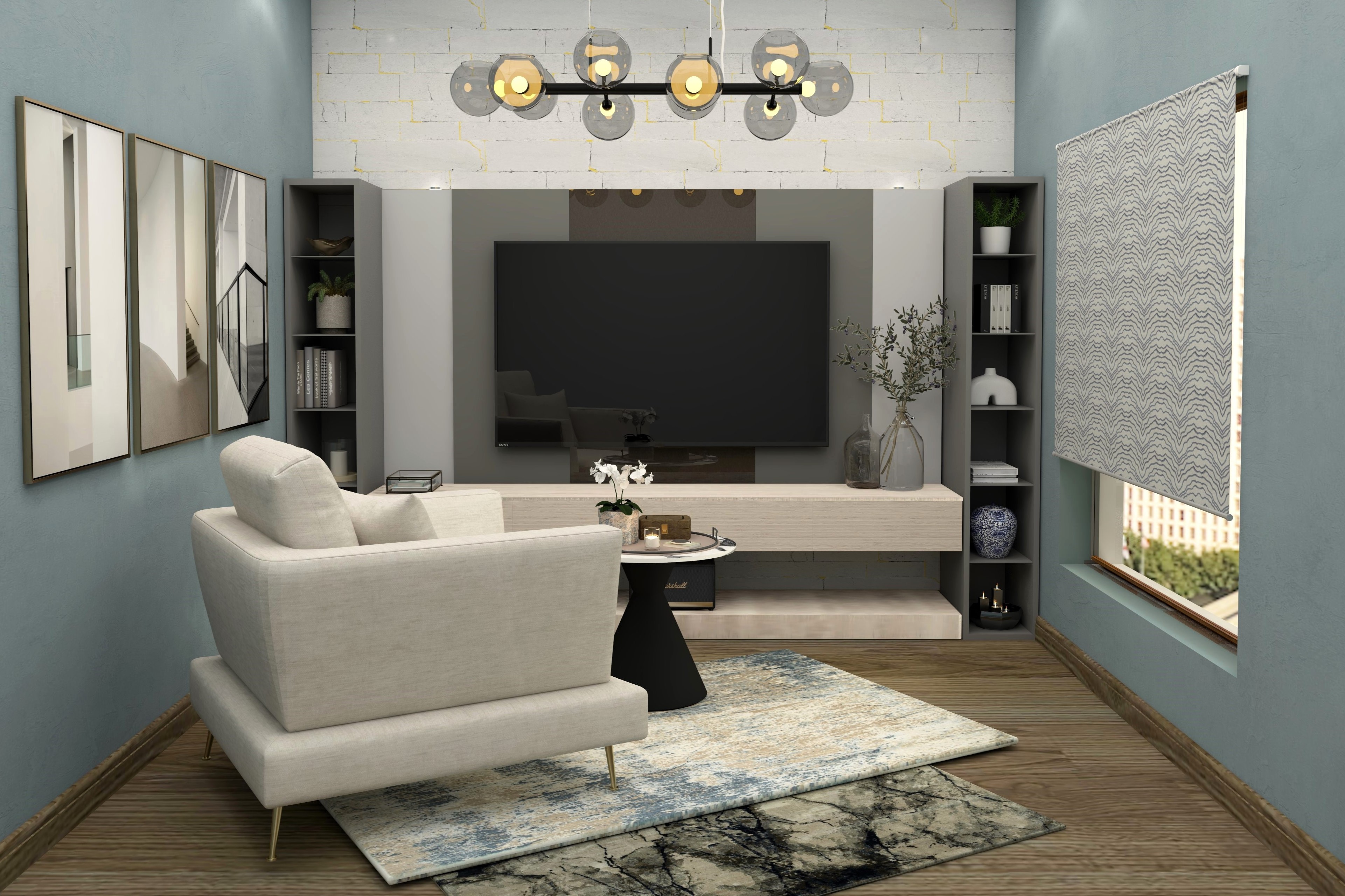 Grey TV unit with wall shelves and off white drawers-Beautiful Homes