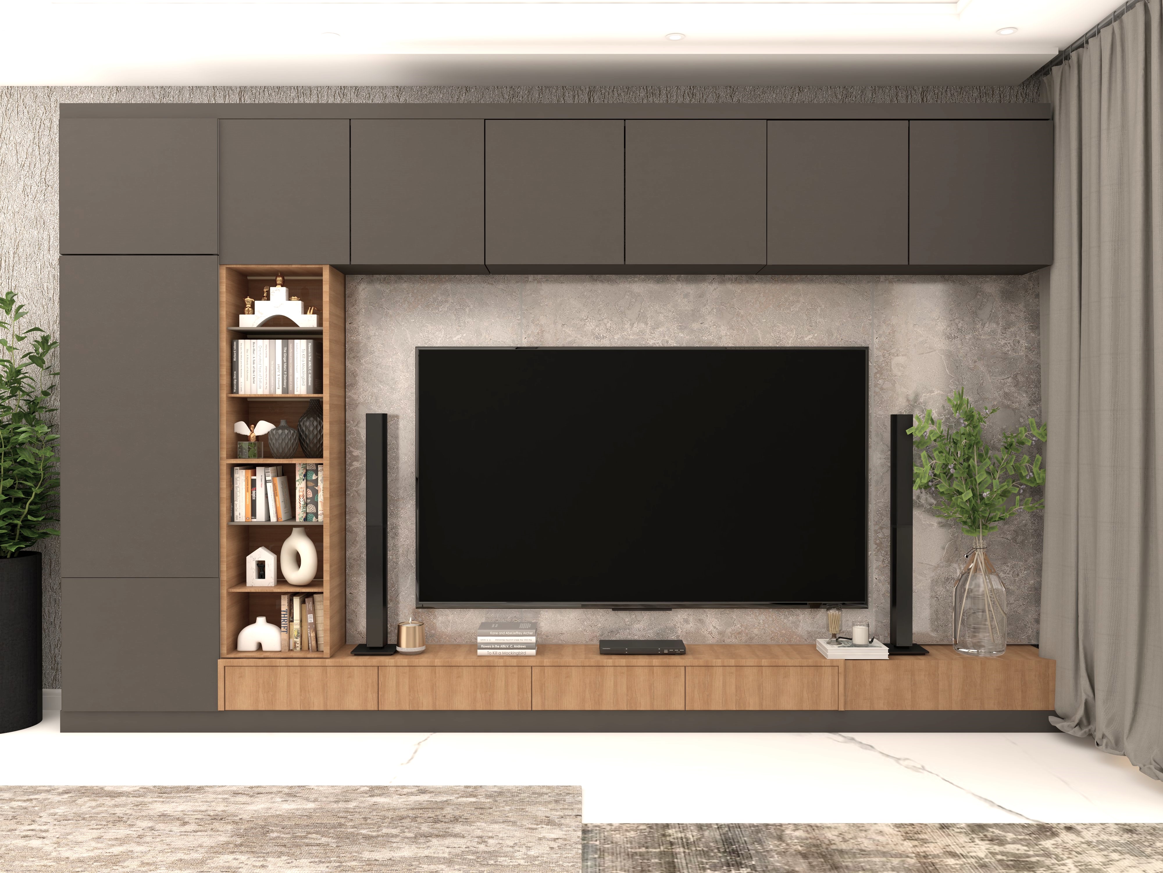 Grey TV unit with wooden drawers and open shelves-Beautiful Homes