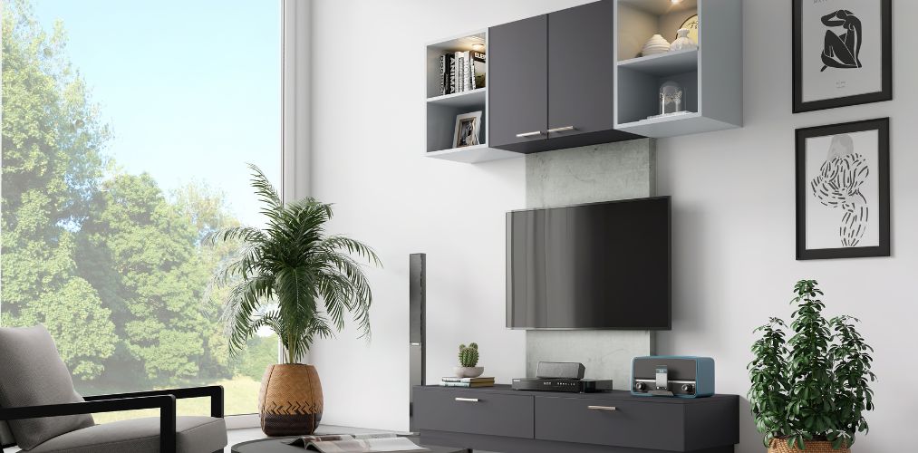 Grey TV unit with ample storage-Beautiful Homes