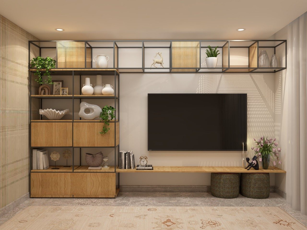 Industrial TV Unit Design With Metal and Wood - Beautiful Homes