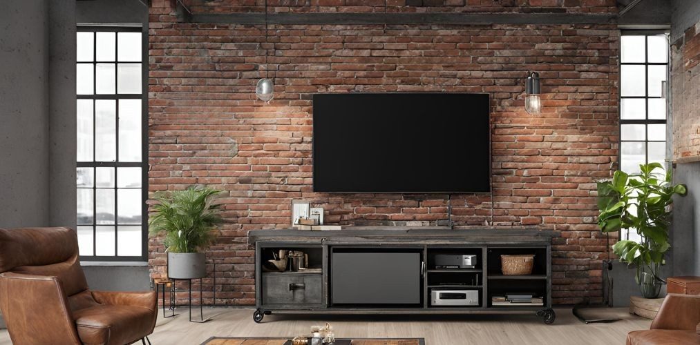 Industrial TV unit with brick accent wall - Beautiful Homes