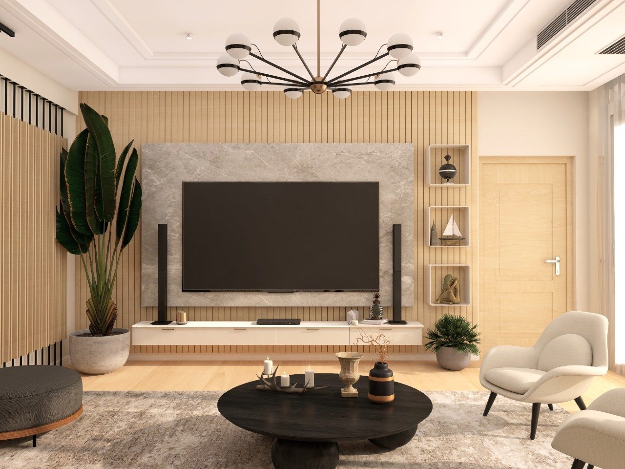 Japandi themed TV unit with beige rafter wall paneling - Beautiful Homes