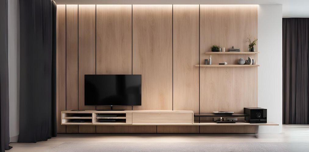 Light wooden TV unit panel with grooves and floating console - Beautiful Homes