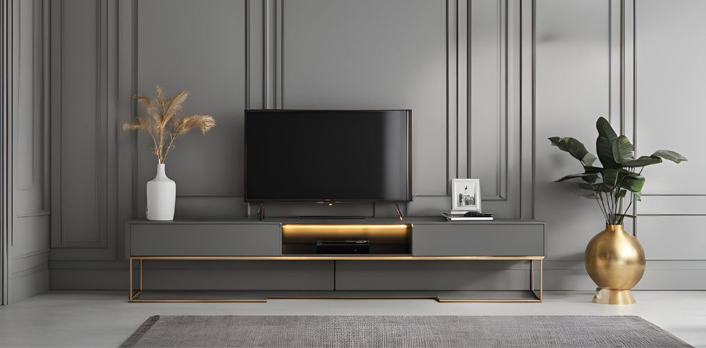 Luxury grey freestanding TV unit console with gold accents - Beautiful Homes