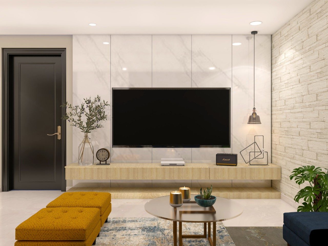 Luxury TV unit design with marble and concealed drawers-Beautiful Homes