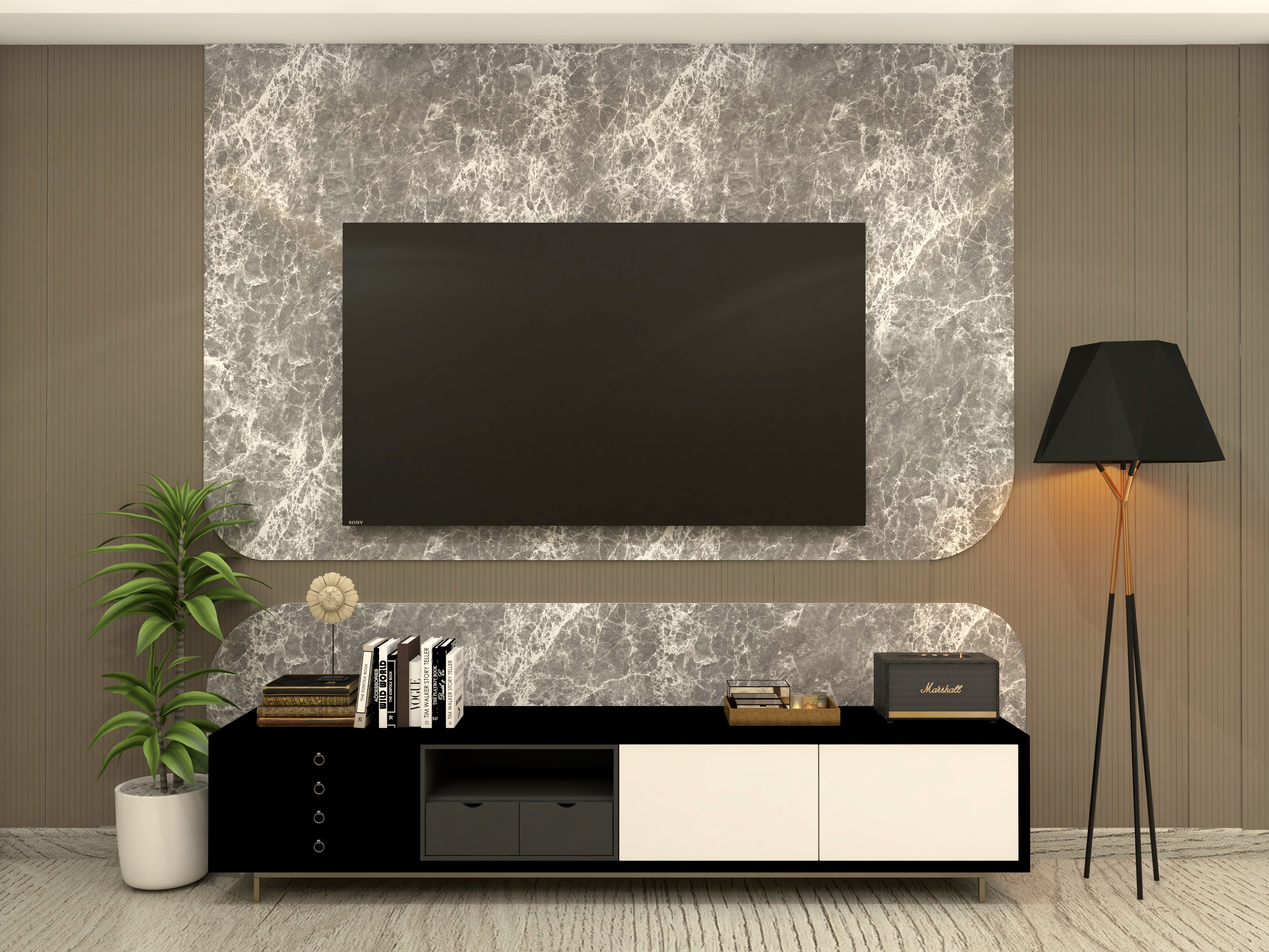 Luxury TV unit with brown marble back panel and black console - Beautiful Homes