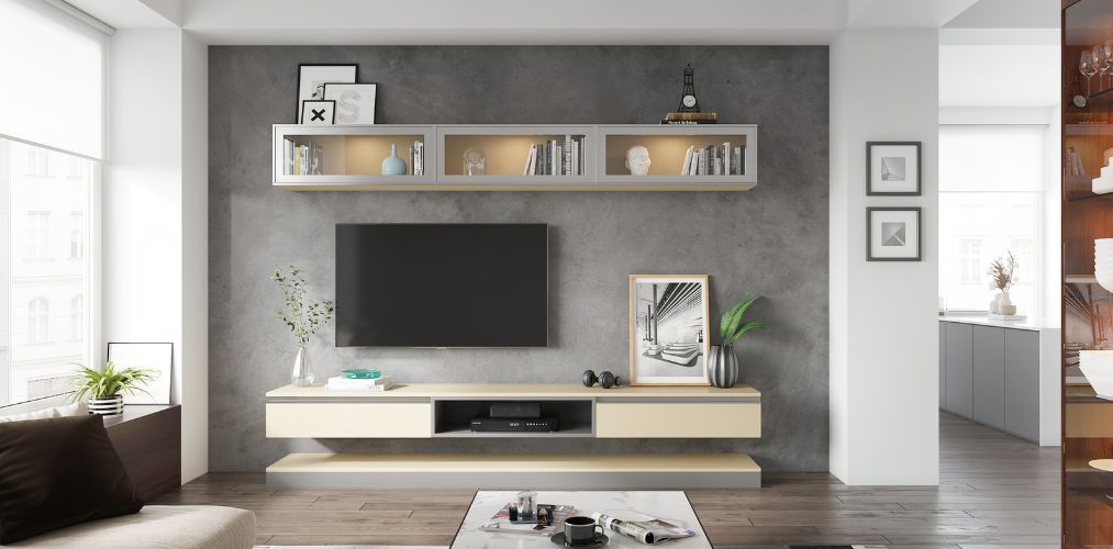 Luxury TV unit with concrete backdrop and off white cabinets-Beautiful Homes