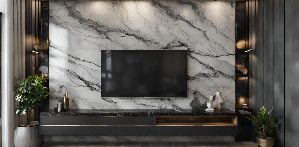 Luxury TV unit with grey black marble accent wall - Beautiful Homes