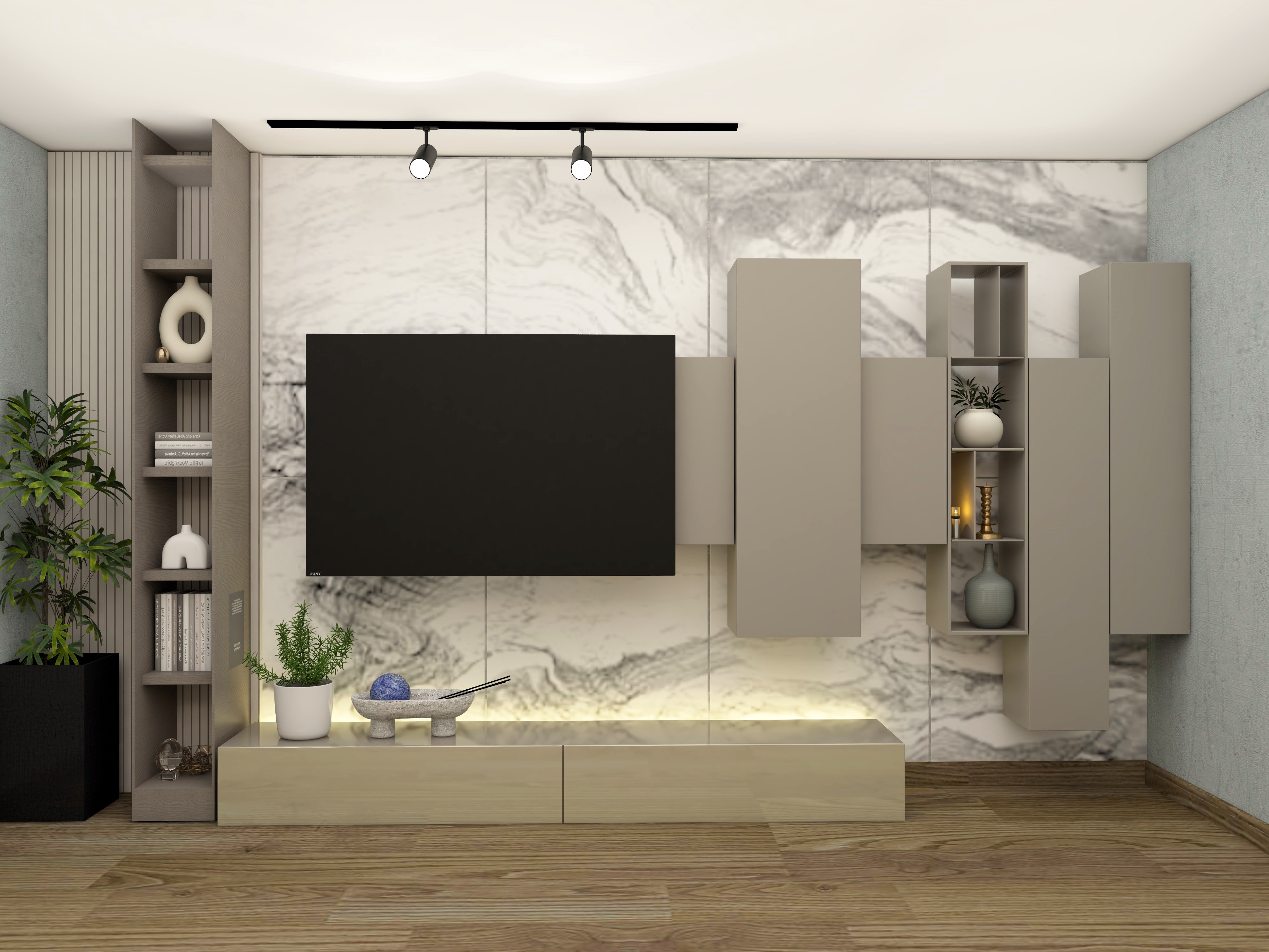 Luxury TV unit with marble wall tile and beige wardrobes-Beautiful Homes