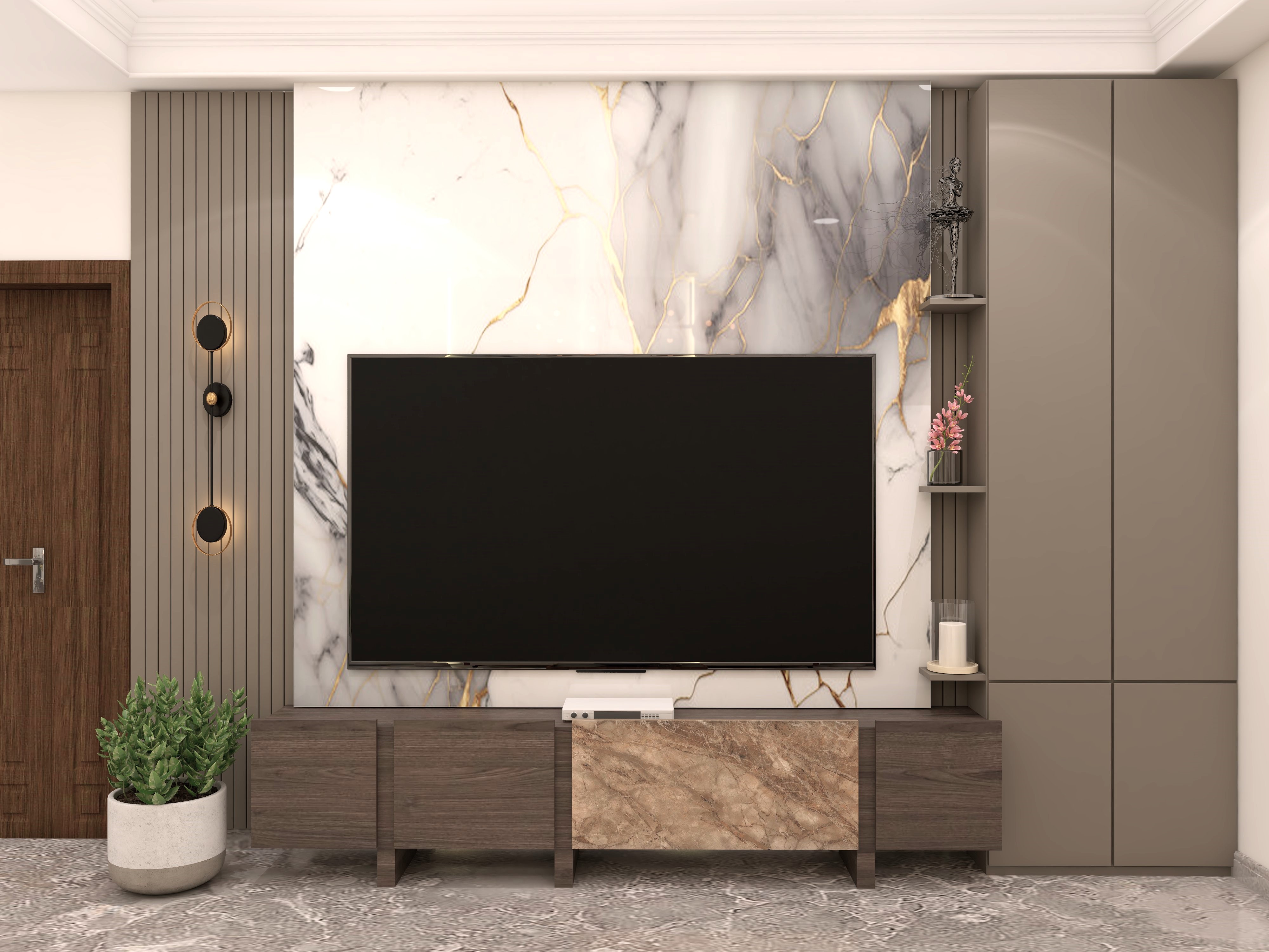 Luxury TV unit with marble wall tile and wooden console-Beautiful Homes