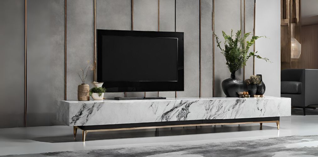 Marble TV unit console with grey back panel - Beautiful Homes