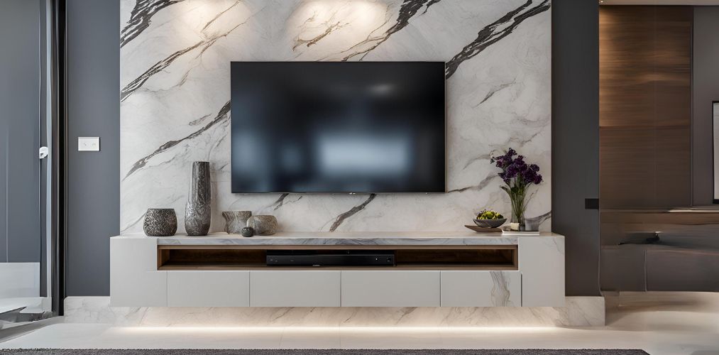 Marble TV unit with wall mounted console and grey wall paint - Beautiful Homes