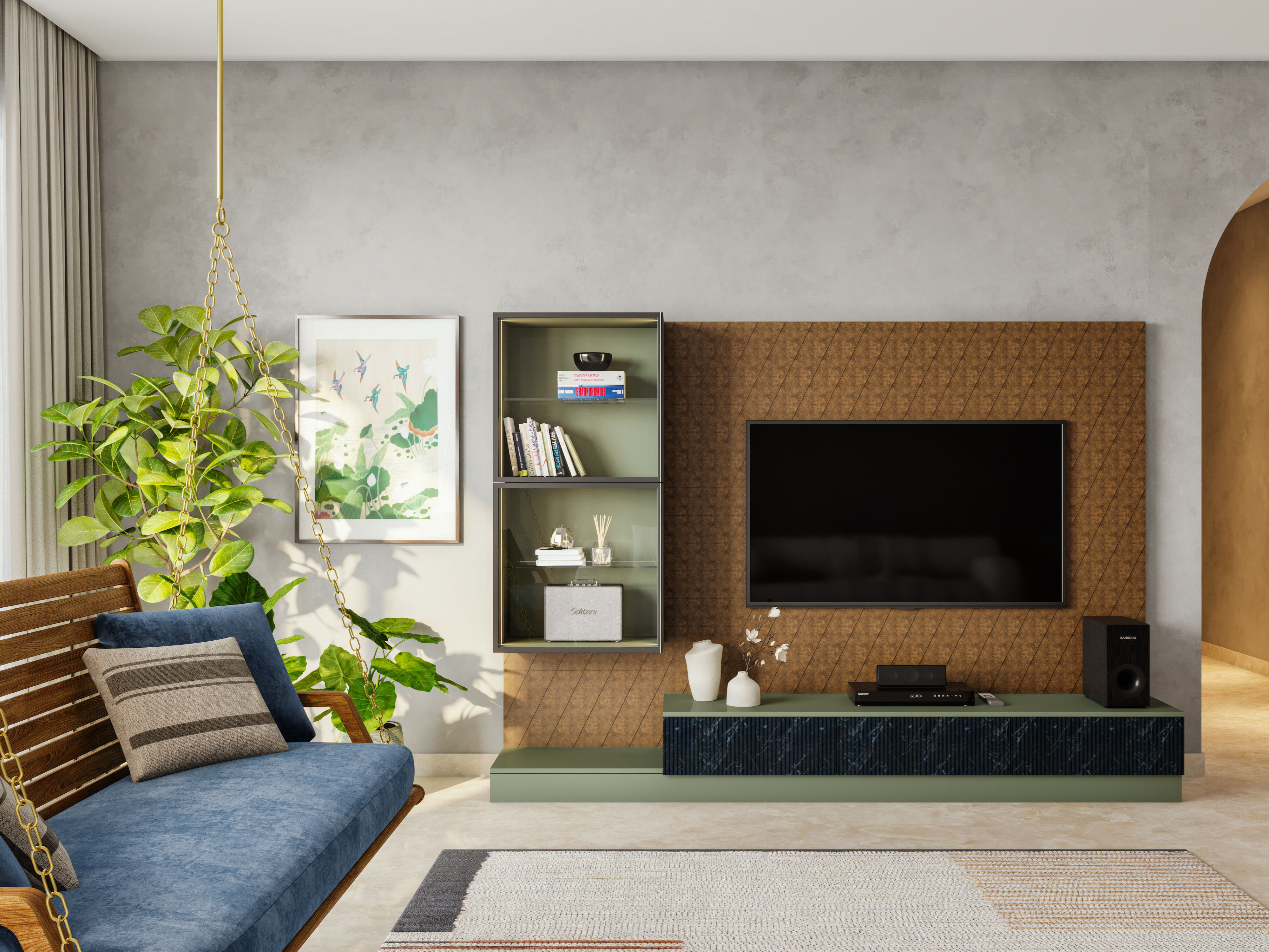 Contemporary TV unit featuring a textured panel, built-in shelves, and decorative accents - Beautiful Homes