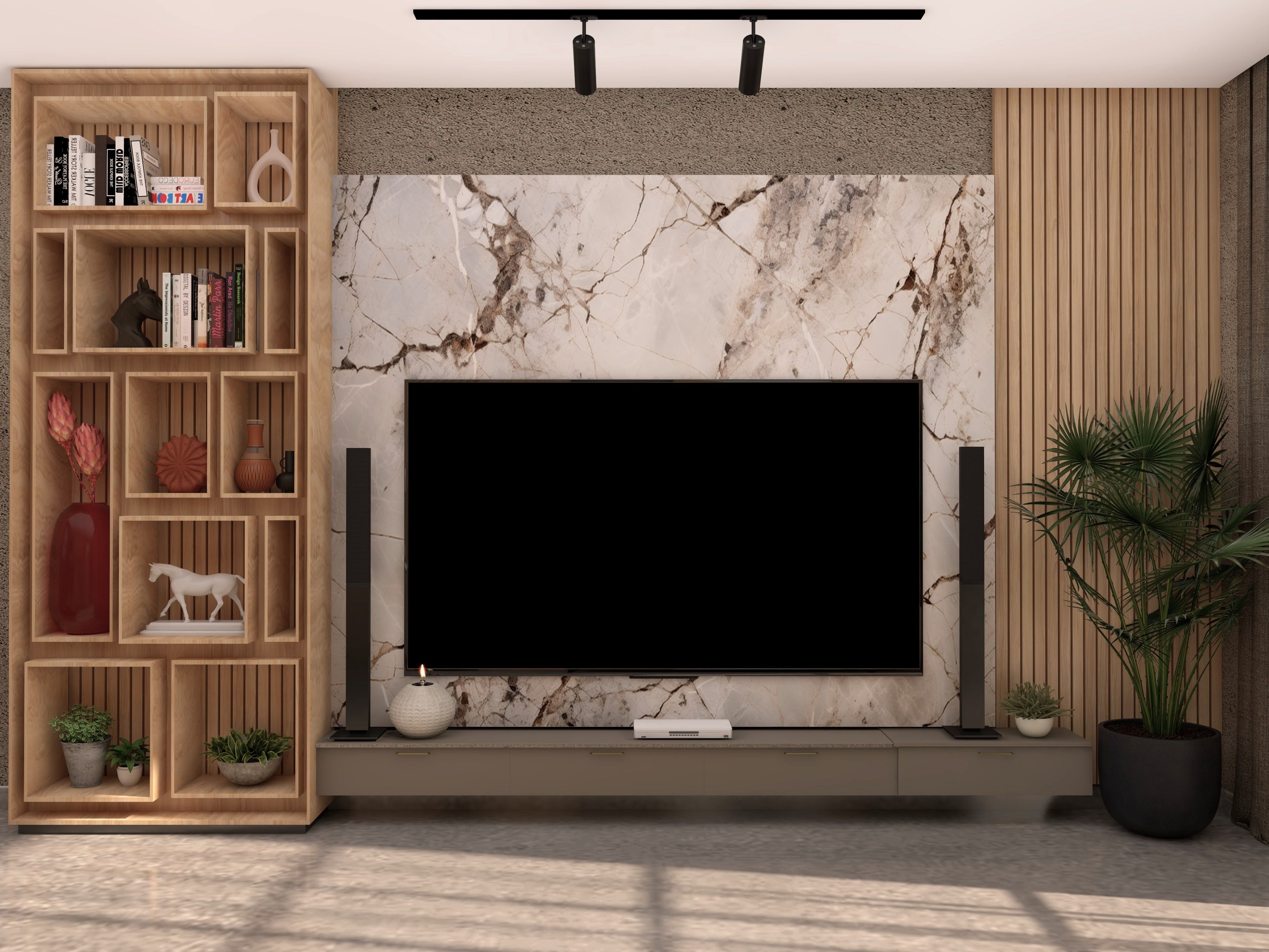 Stylish living room featuring a large TV, wooden bookshelf, marble backdrop, and green plants - Beautiful Homes