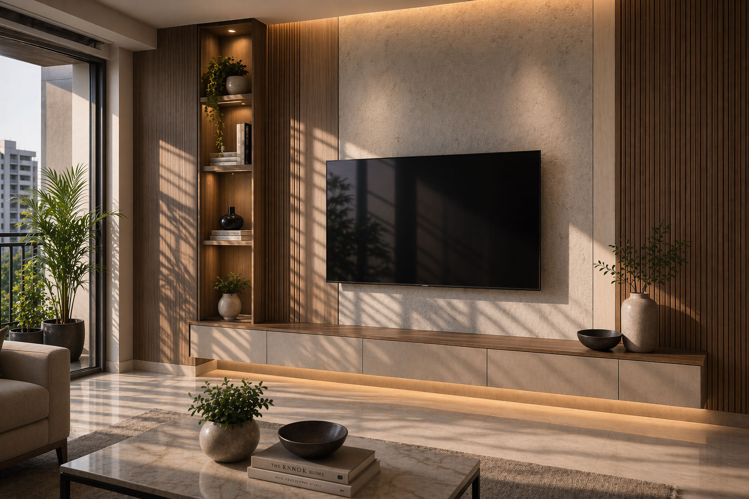 Contemporary living room TV unit with a floating beige console, dark wood top, textured center panel, and oak slat detailing with integrated shelf lighting - Beautiful Homes