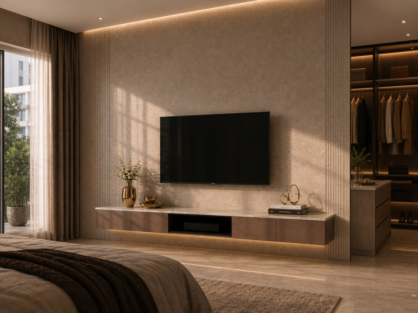 Wall-mounted TV unit with a textured beige feature wall, fluted side panels, and a floating console - Beautiful Homes