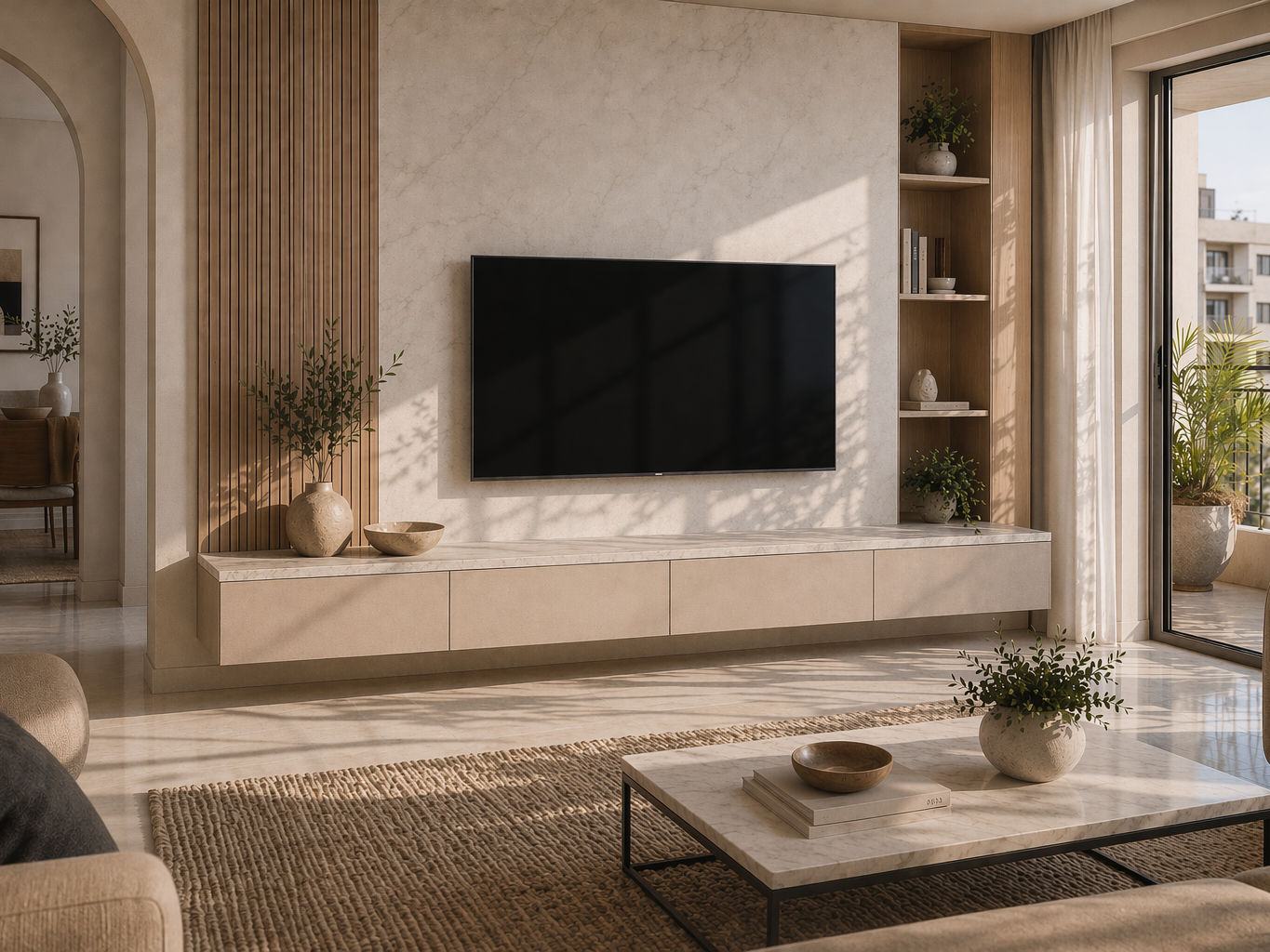 Modern TV unit with a floating cream media console, textured stone-look backdrop and light wood slatted panel - Beautiful Homes