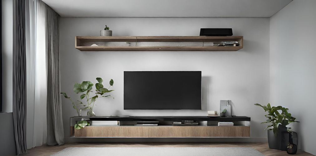 Minimalist TV unit with wooden floating shelf - Beautiful Homes