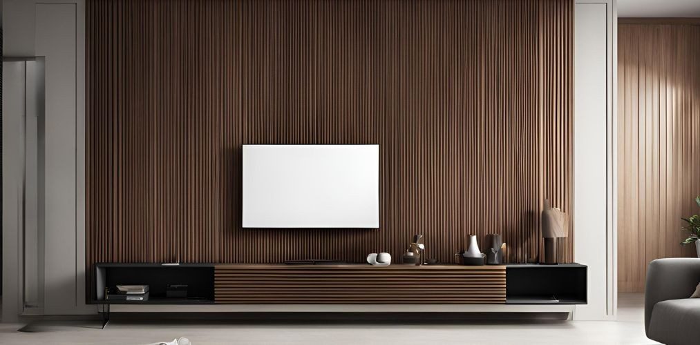 Minimalistic TV unit design with wooden fluted wall panel - Beautiful Homes