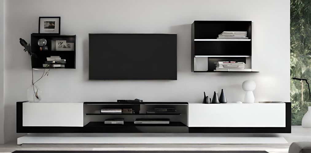 Modern black and white TV unit with wall mounted shelves - Beautiful Homes