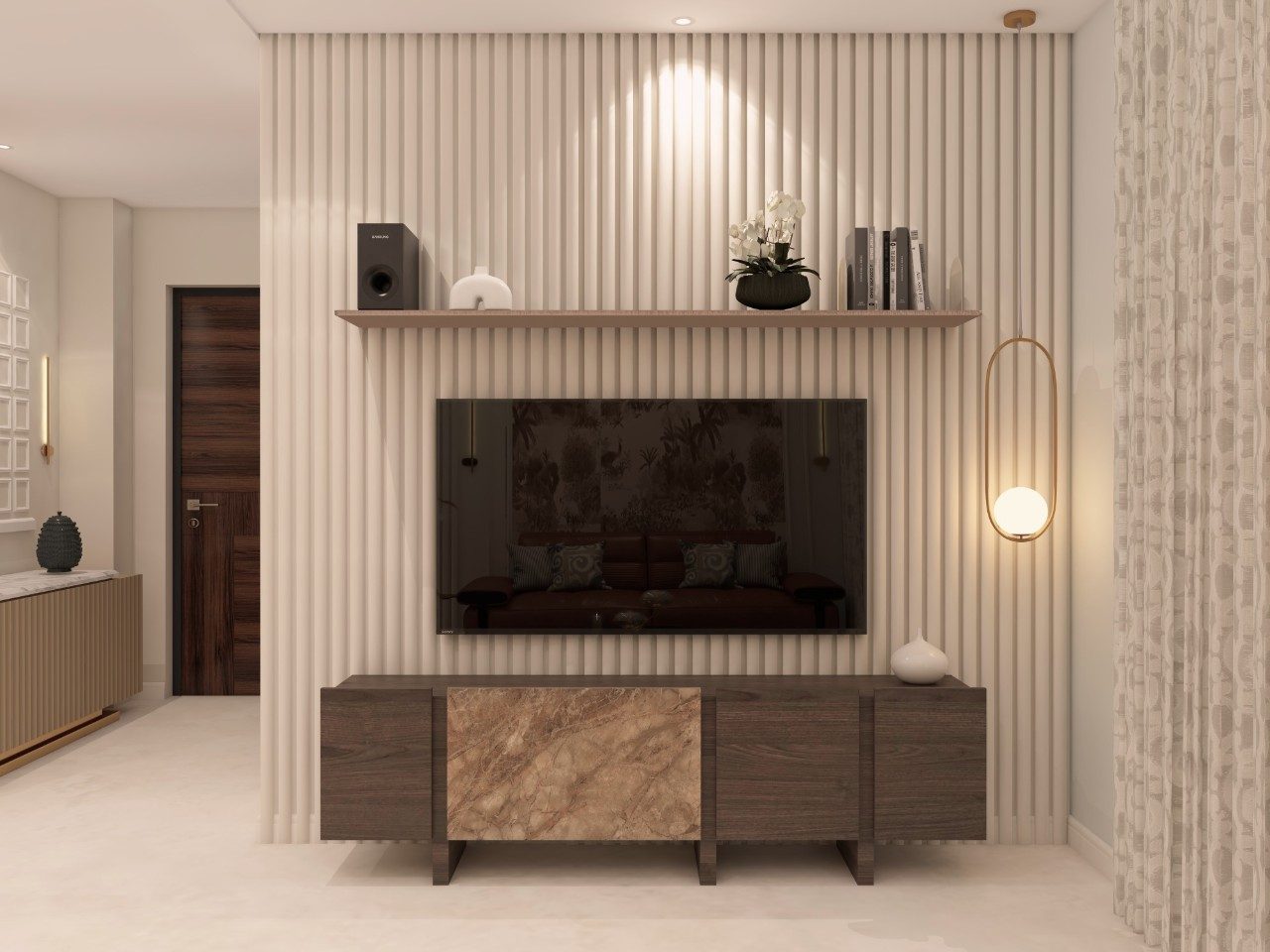 Modern contemporary style furniture with Nilaya Luxe TV Unit and white teak pendant - Beautiful Homes