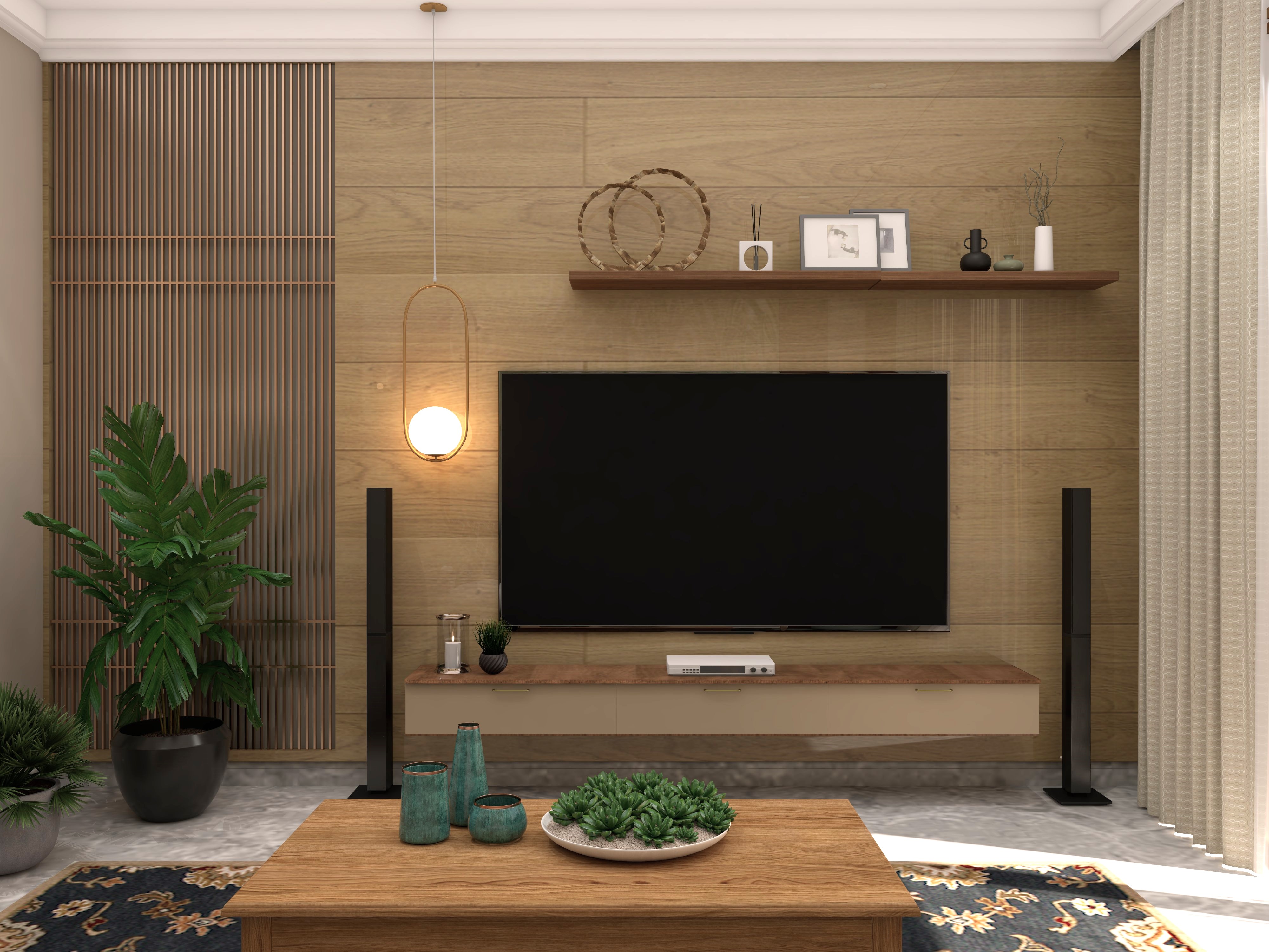 Modern contemporary style TV unit with white teak pendant light - Beautiful Homes