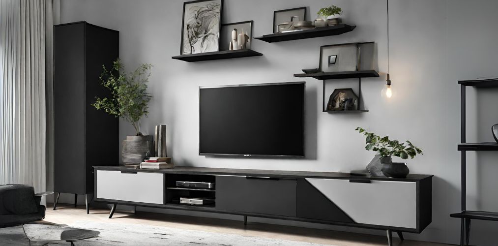 Modern grey and black TV unit with floating shelves-Beautiful Homes