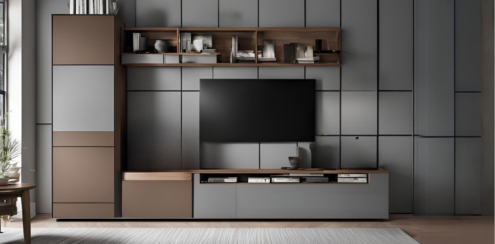 Modern grey and brown TV unit with open and closed storage - Beautiful Homes