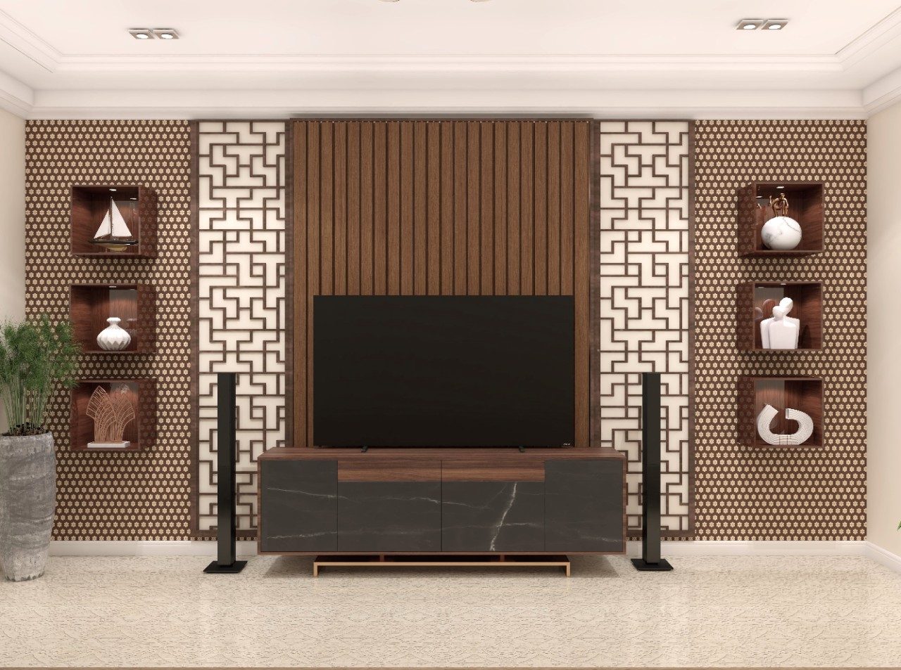 Modern Indian TV unit with rafter and CNC jali paneling and wallpaper - Beautiful Homes