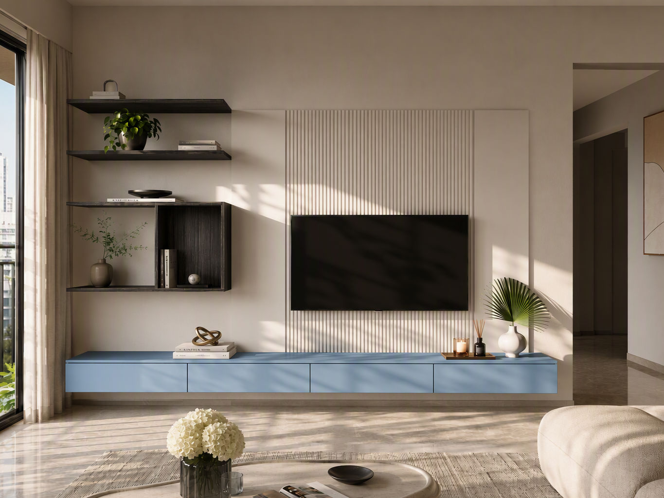 Modern TV unit with a floating pastel blue media console, beige wood slatted back panel, wall-mounted television, and dark wood display shelves - Beautiful Homes