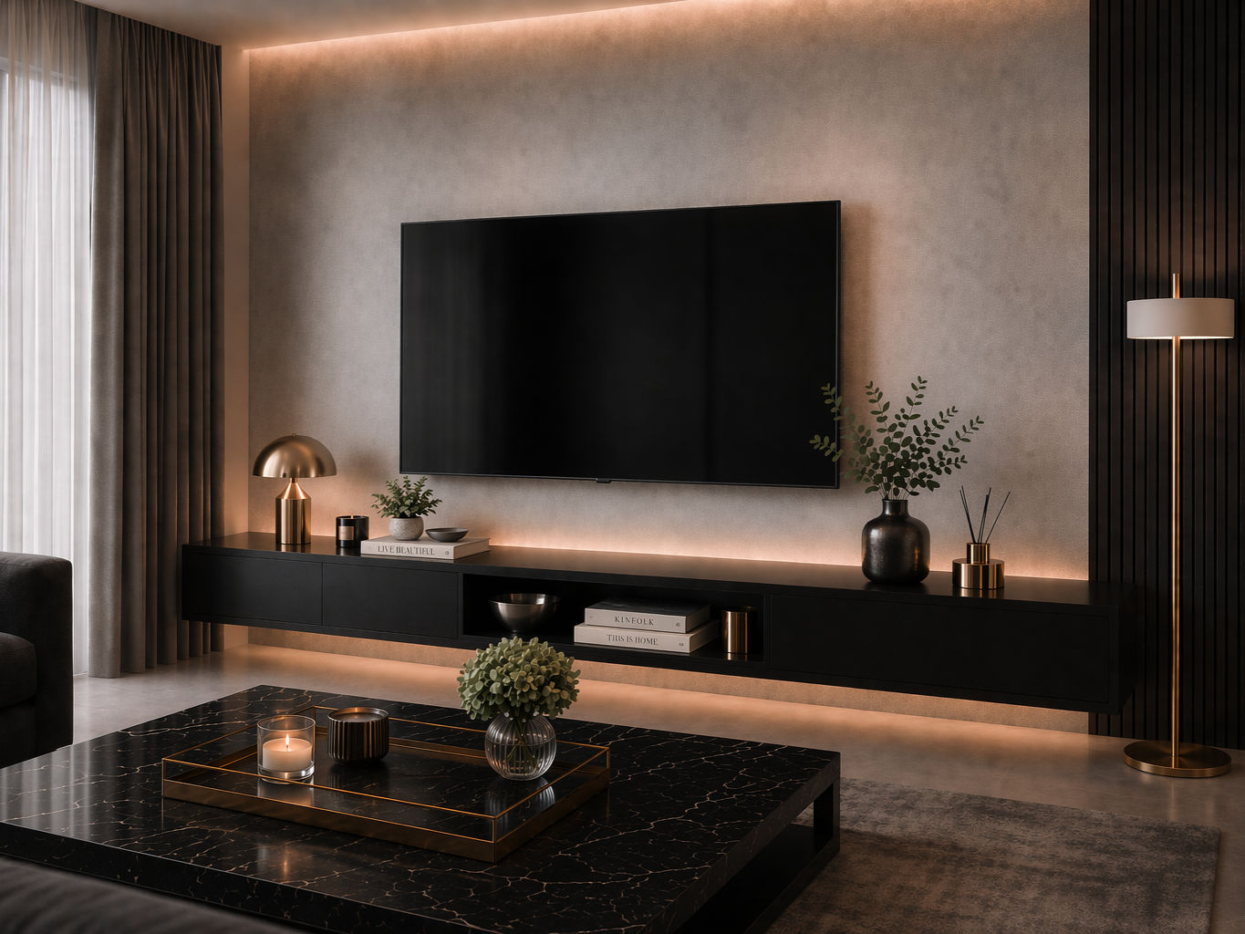 Modern TV unit with a long floating black media console and open display compartment - Beautiful Homes