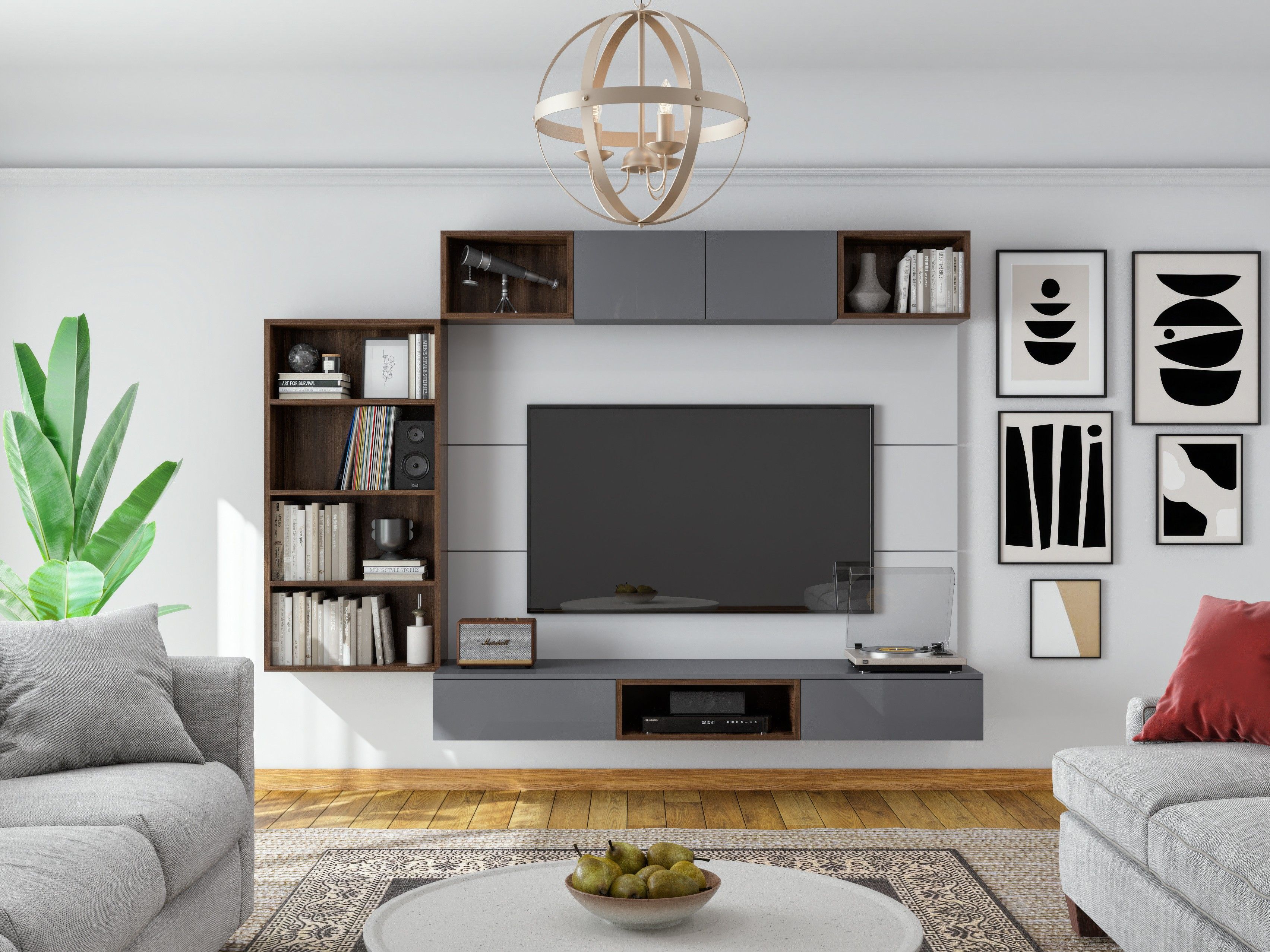 Contemporary TV unit with integrated bookshelves, dark wood accents, and a sleek design - Beautiful Homes