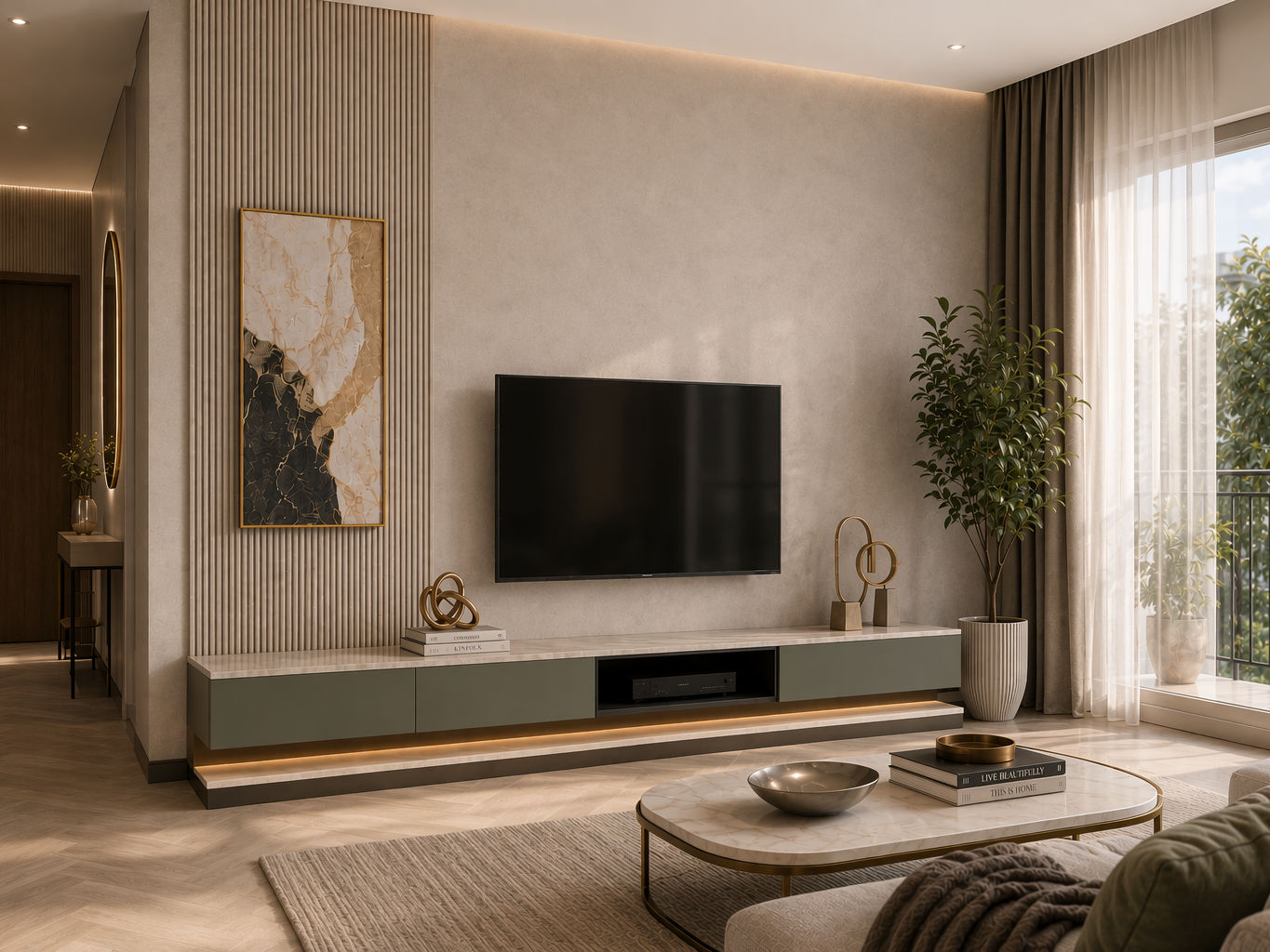 Floating TV unit with sage green cabinet fronts, a white veined marble top, open central shelving, and a textured beige backdrop with fluted panel detailing - Beautiful Homes