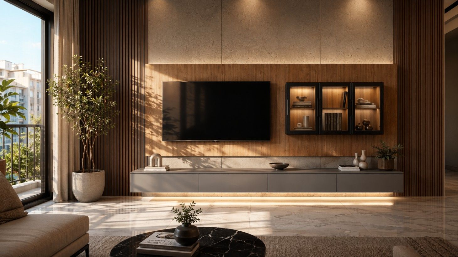 Contemporary living room TV unit with a wood feature panel, floating gray console, illuminated glass display cabinets, and vertical slat accents - Beautiful Homes