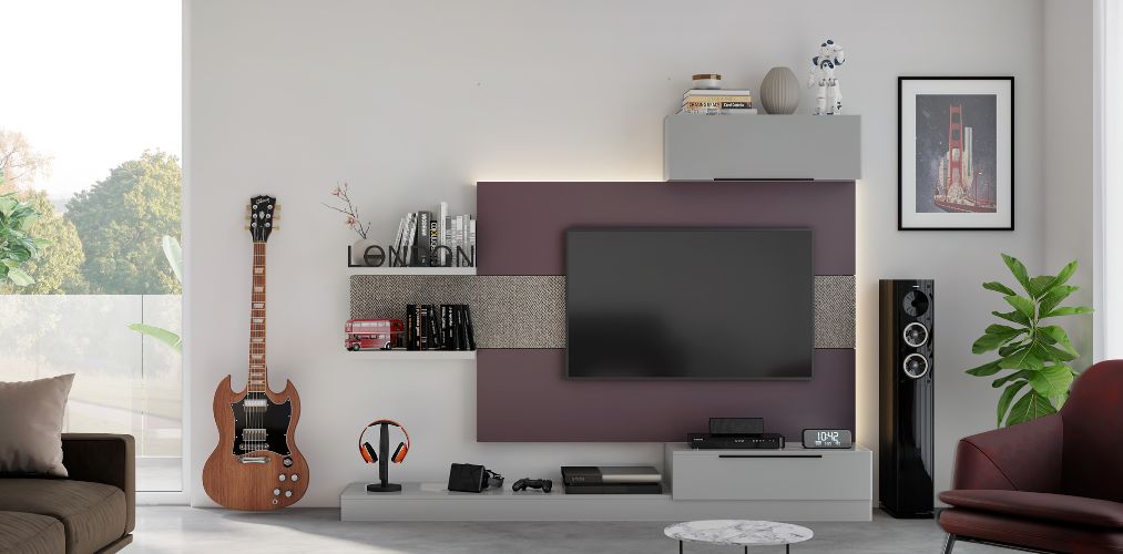 Grey and purple TV unit design with electronics-Beautiful Homes