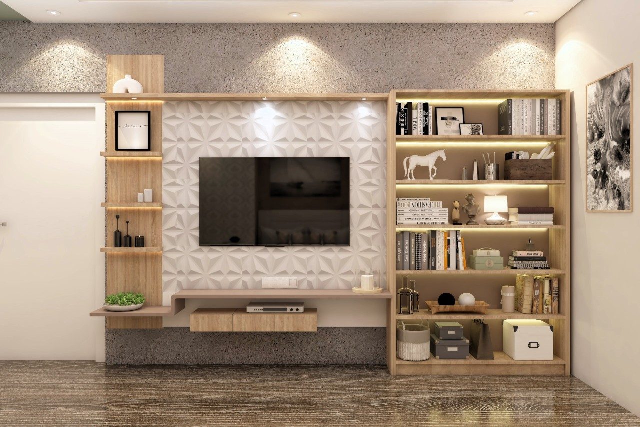 Modern TV unit design with white 3d tiles and open shelves-Beautiful Homes