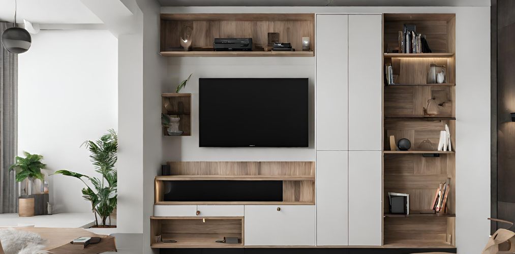 Modern TV unit design with in-built shelves and cabinets - Beautiful Homes