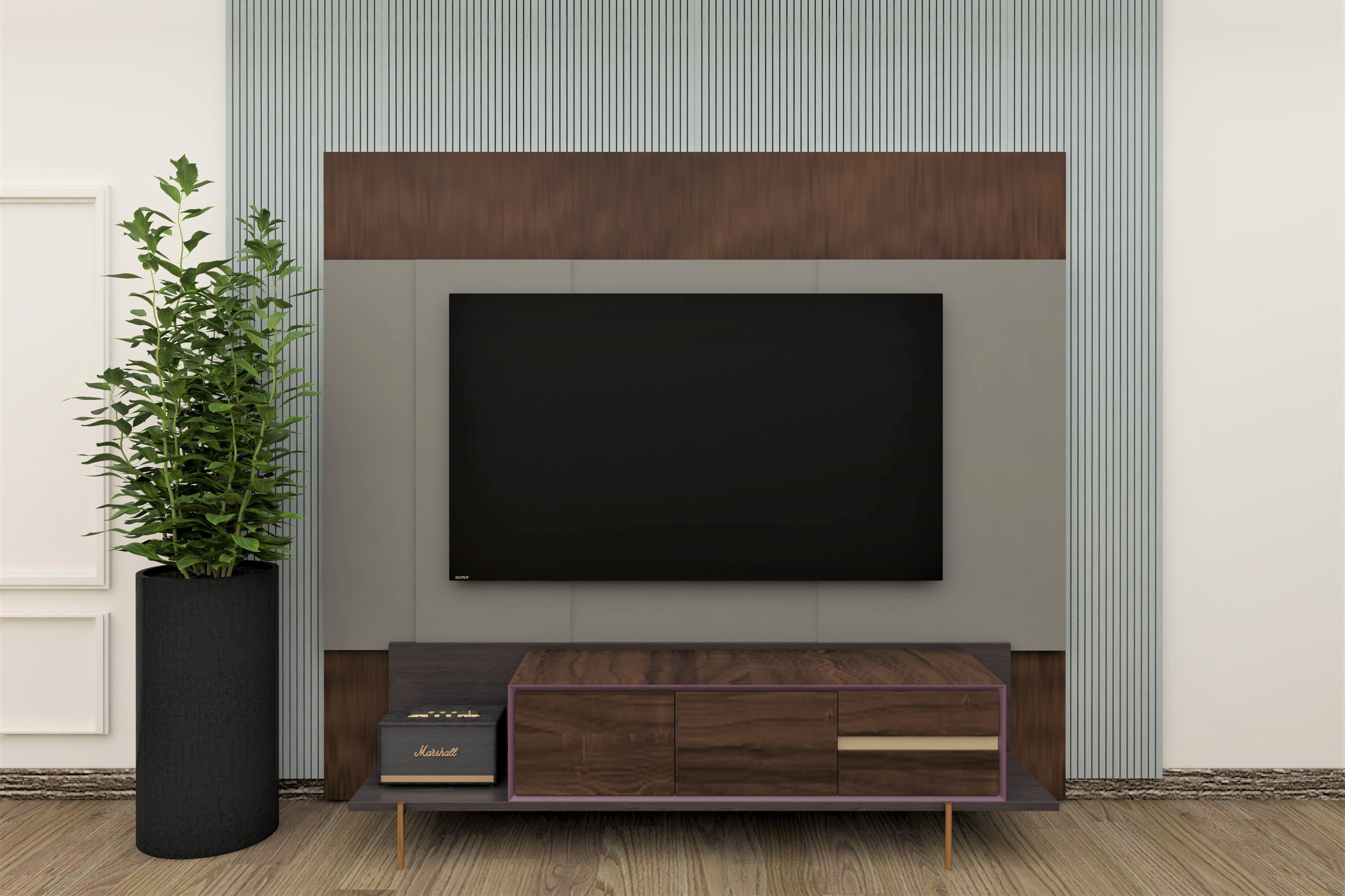 Wooden tv unit with rafter wall paneling-Beautiful Homes