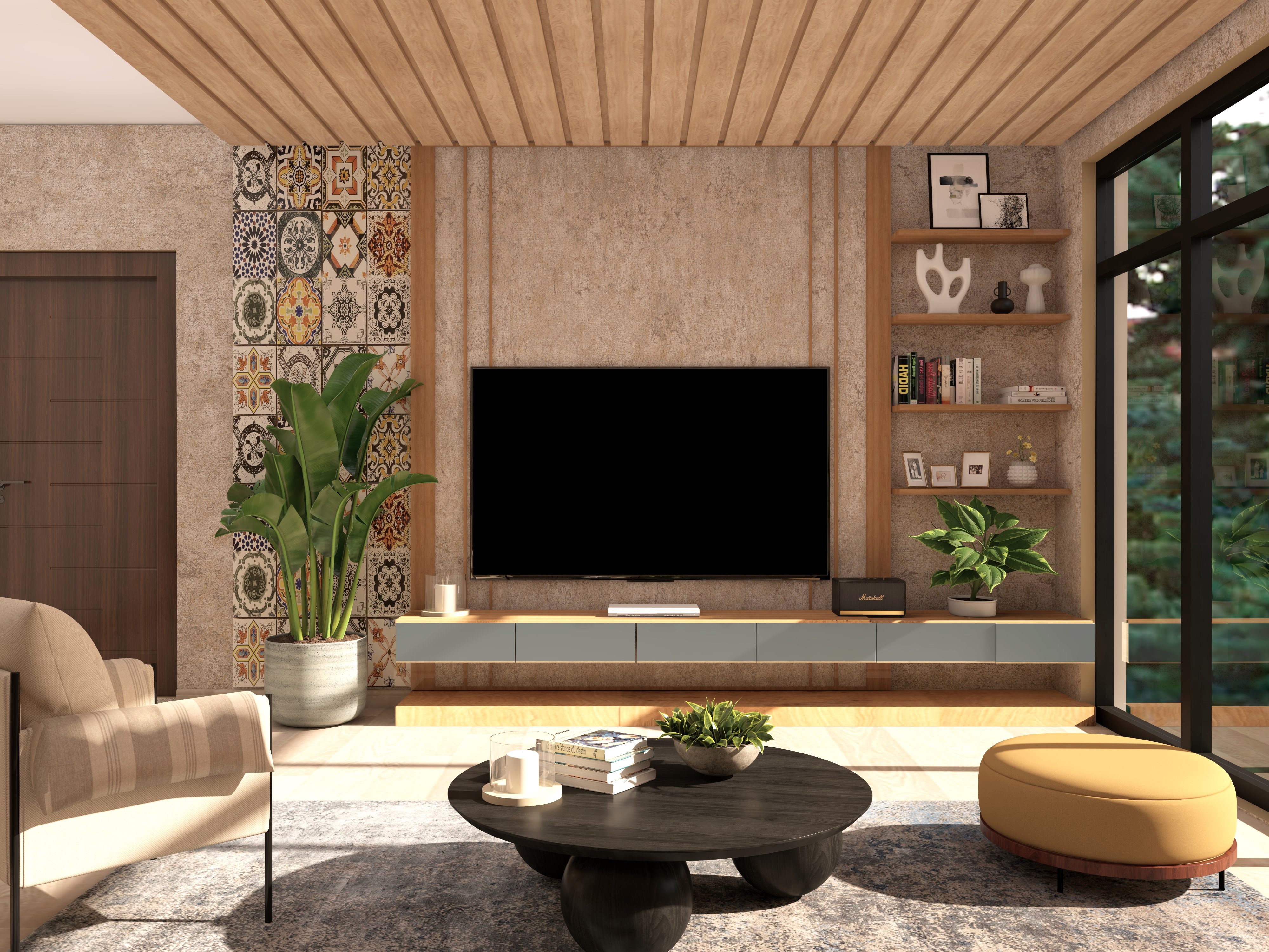 Living room with TV unit and wooden ceiling - Beautiful Homes
