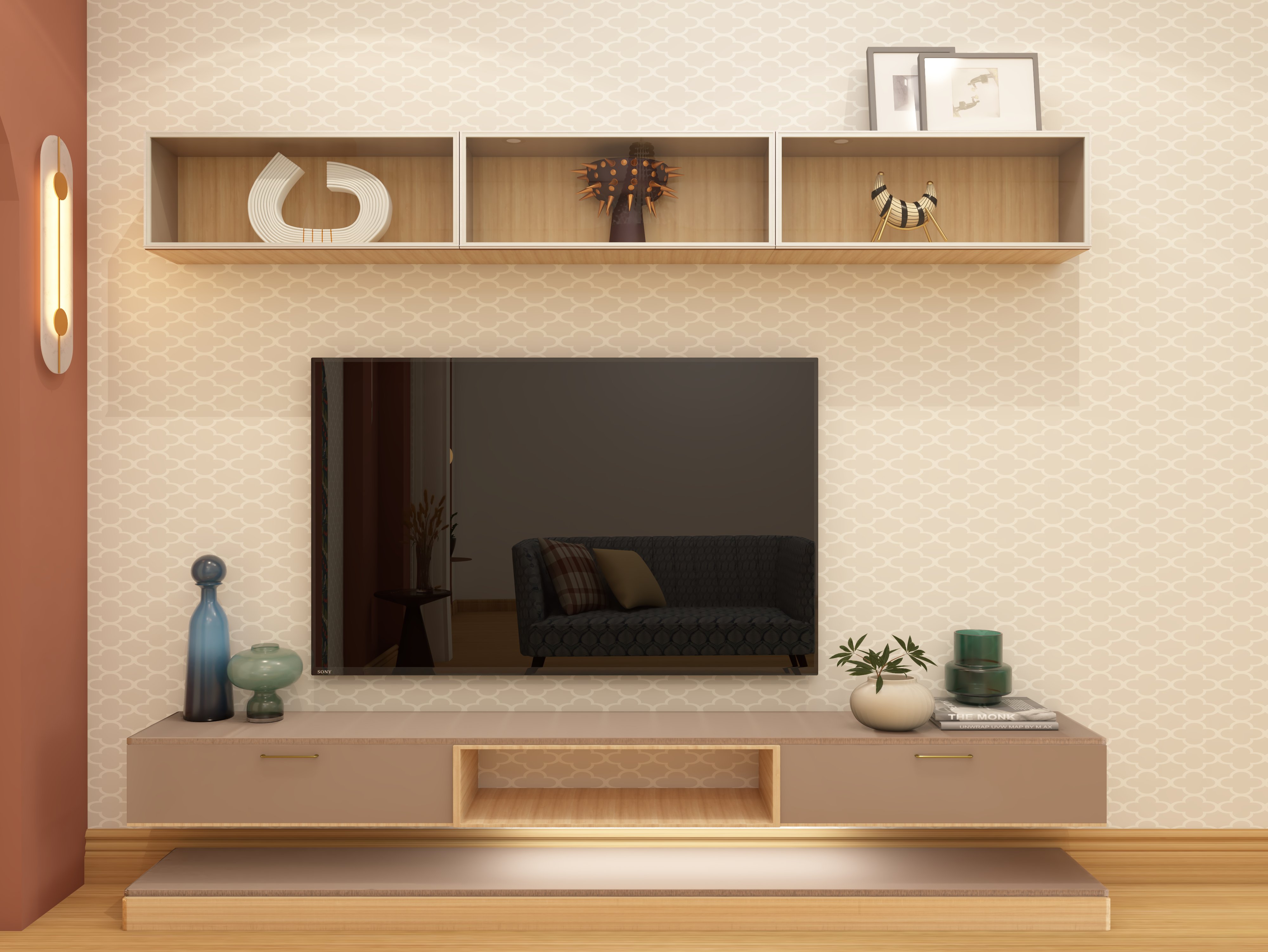 Modern TV unit with box shelves and wallpaper - Beautiful Homes