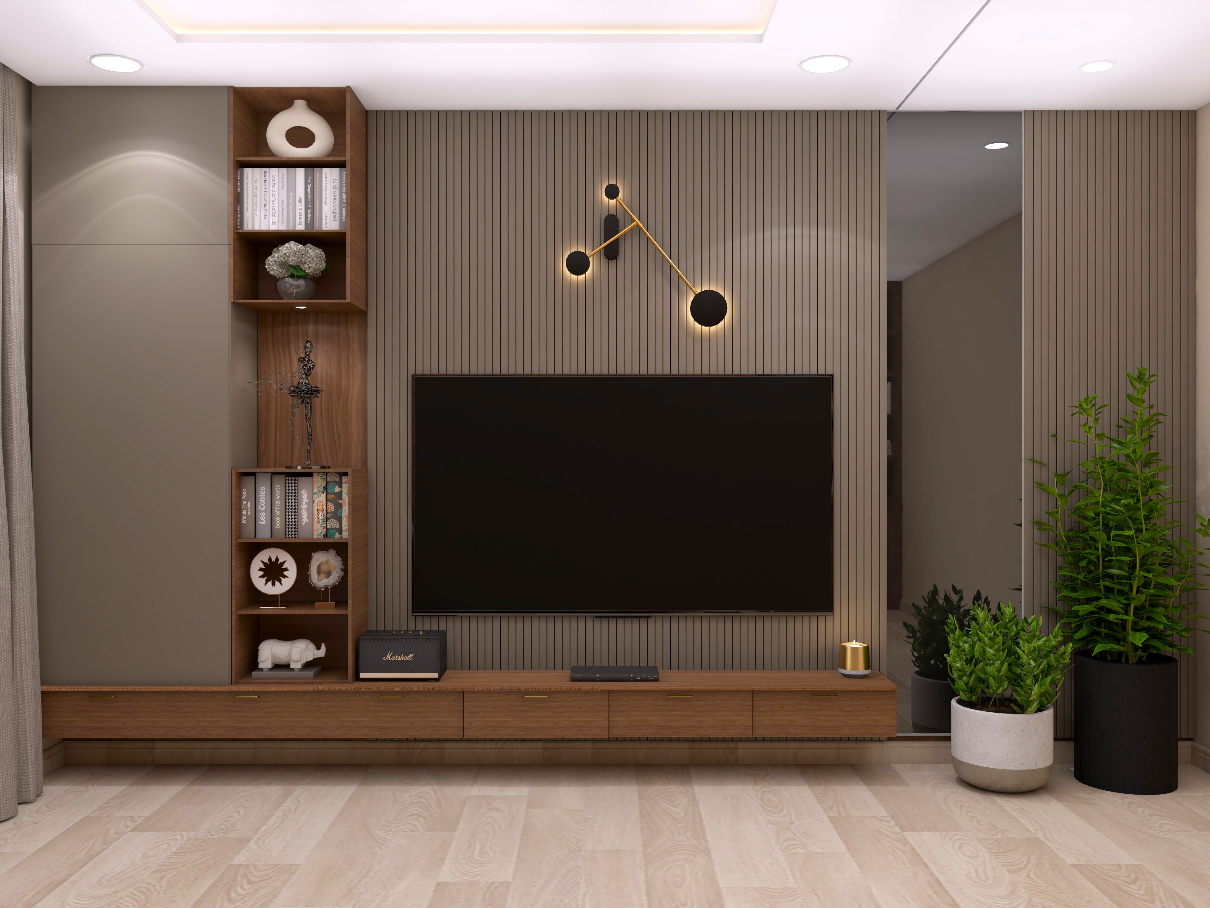 Modern TV unit with deep brown fluted paneling and shelf unit - Beautiful Homes