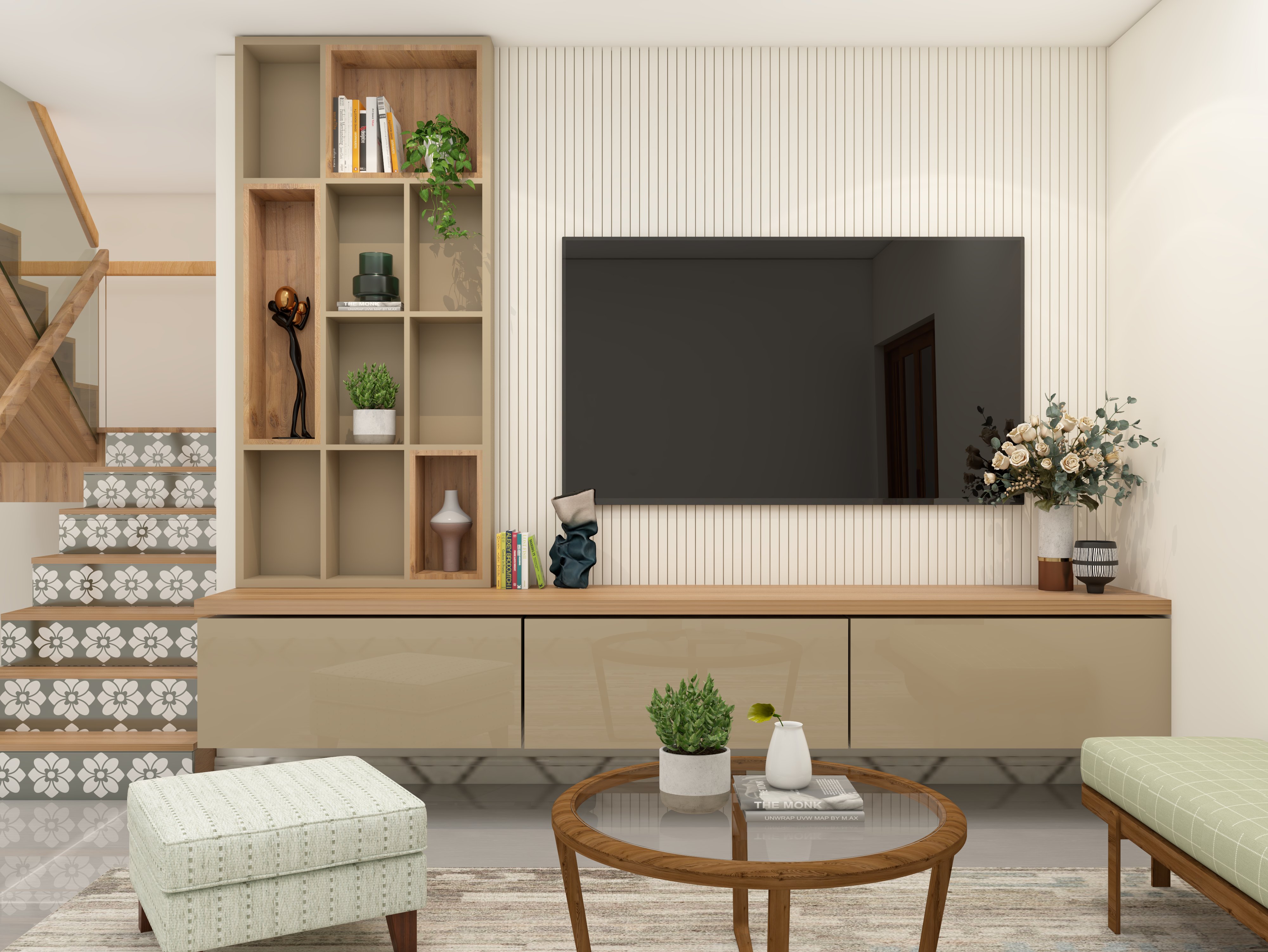 Modern TV unit with fluted panelled wall and glossy laminate console - Beautiful Homes