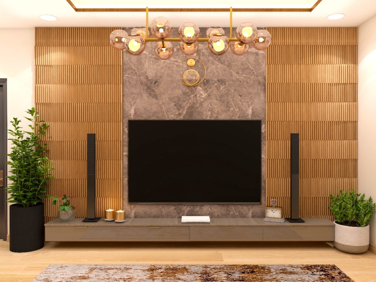 Modern TV unit with fluted wall paneling and tile back panel-Beautiful Homes