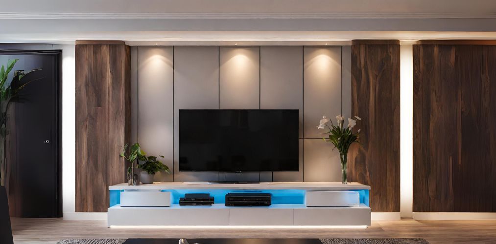 Modern TV unit with grey panels and spot lighting - Beautiful Homes